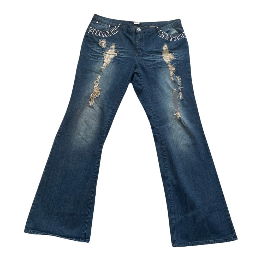Venus Flare Jeans Womens‎ 16 Distressed Rhinestone Dark Wash Y2K Stretch Denim